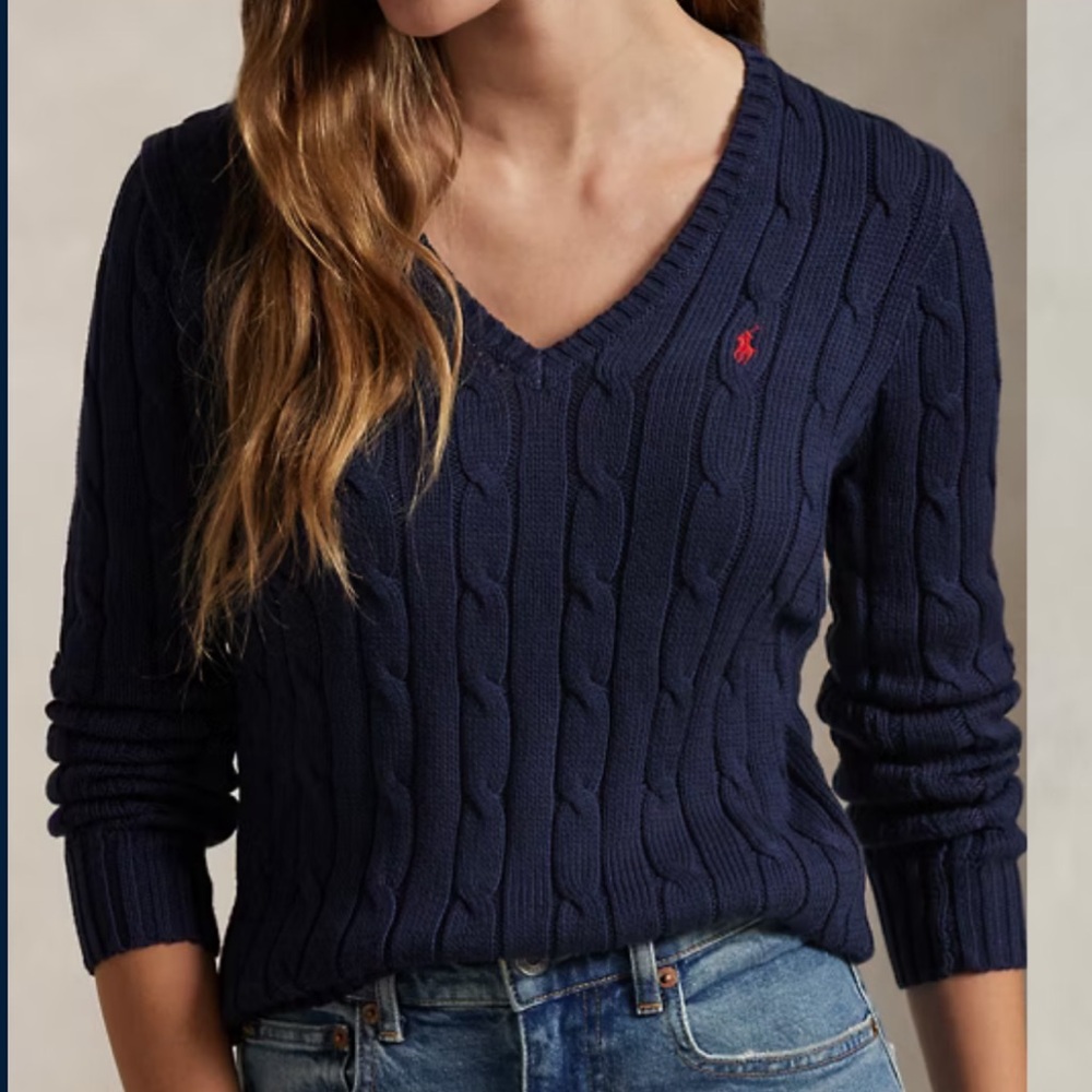 Ralph Lauren Navy Pima Cotton Cableknit V-Neck Sweater (M)